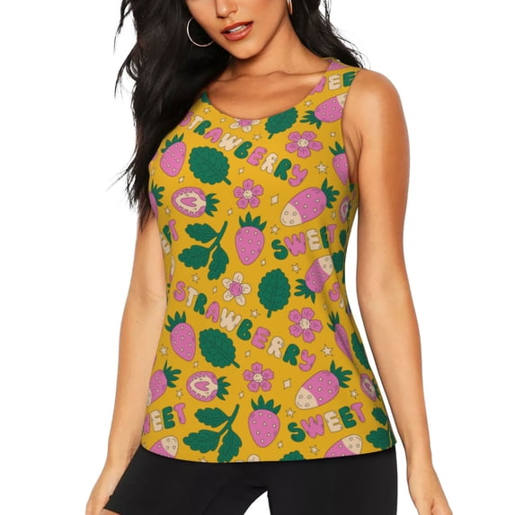 Lsque Strawberry Printed Workout Tank Tops for Women, Athletic Sports Tank Tops, Compression Sleeveless Dry Fit Shirts,Sleeveless Yoga Shirt-Medium