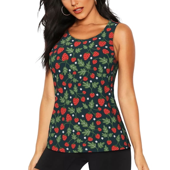 Lsque Strawberry Printed Workout Tank Tops for Women, Athletic Sports Tank Tops, Compression Sleeveless Dry Fit Shirts,Sleeveless Yoga Shirt-Small