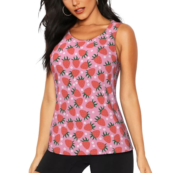 Lsque Strawberry Printed Workout Tank Tops for Women, Athletic Sports Tank Tops, Compression Sleeveless Dry Fit Shirts,Sleeveless Yoga Shirt-Small