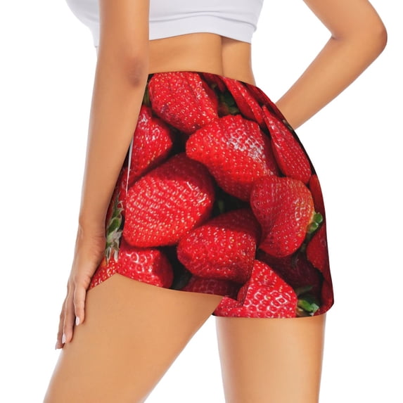 Lsque Strawberry Red Printed Women's Running Shorts with Liner Pockets,Elastic Quick Dry Workout Athletic Gym Yoga Shorts,Womens High Waist Shorts-Large