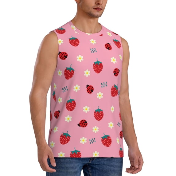 Lsque Strawberry and Ladybugs Print Men's Cotton Blend Sleeveless Muscle Shirts (S-3XL)- Moisture Wicking, Odor Protection, UPF 30+,XX-Large