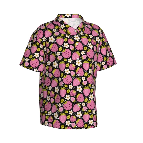 Lsque Strawberry pattern Hawaiian Shirt for Men, Unisex Summer Beach Casual Short Sleeve Button Down Shirts-3X-Large