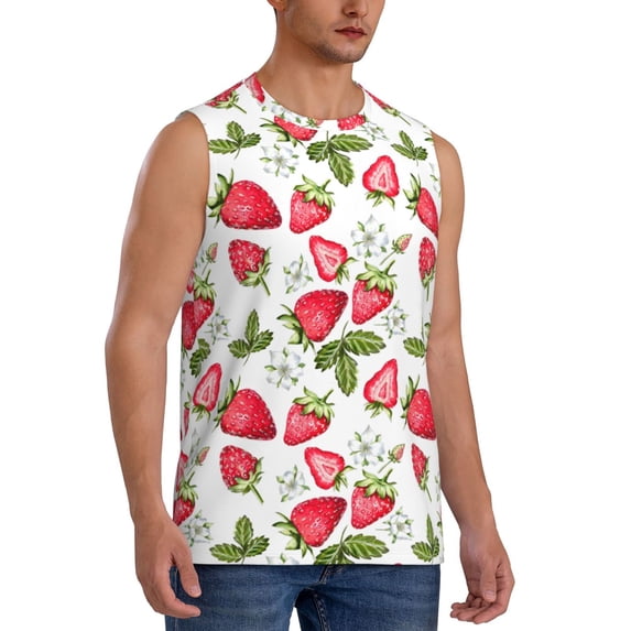 Lsque Strawberry1 Print Men's Cotton Blend Sleeveless Muscle Shirts (S-3XL)- Moisture Wicking, Odor Protection, UPF 30+,Large