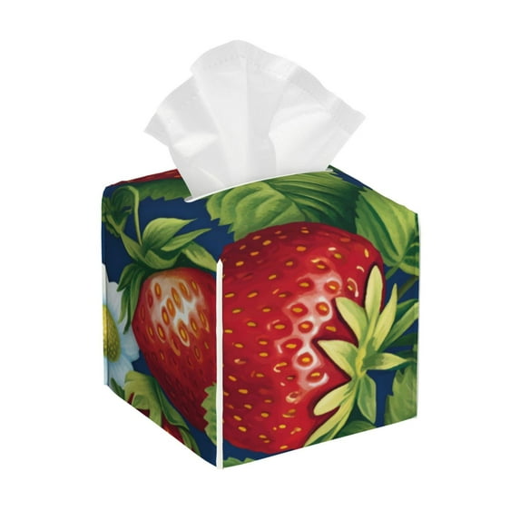 Lsque Strawberry2 Printed Tissue Box Cover Holder, Facial Paper Organizer Dispenser,Square with Bottom Belt, PVC Leather Decorative Organizer
