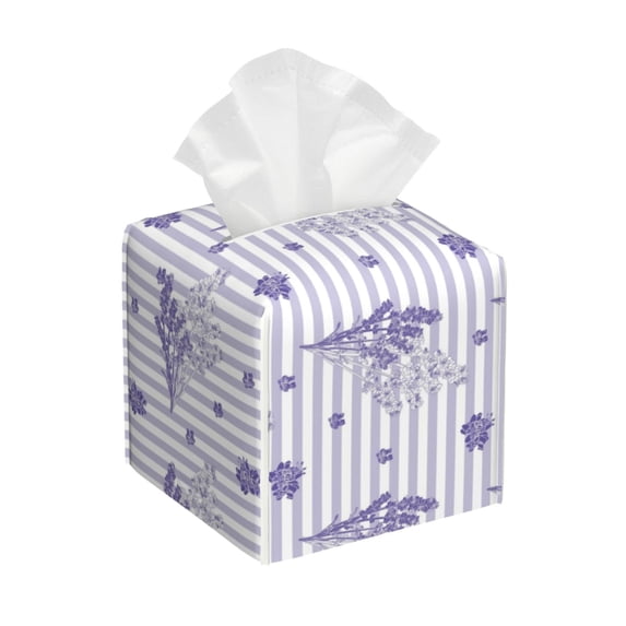 Lsque Stripes and Sprigs of Lavender Printed Tissue Box Cover Holder, Facial Paper Organizer Dispenser,Square with Bottom Belt, PVC Leather Decorative Organizer