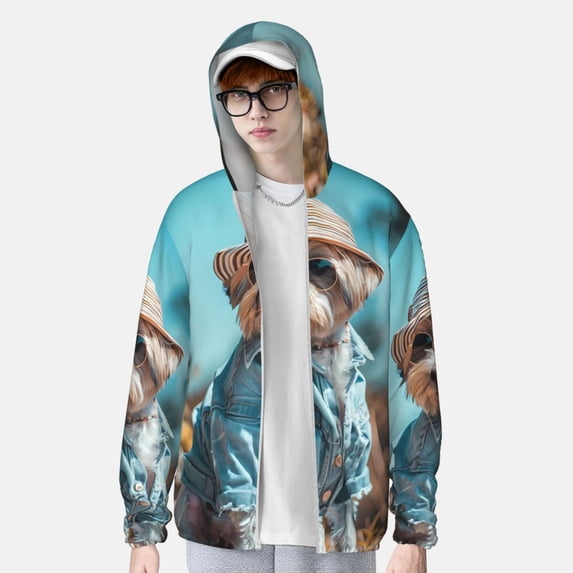 Lsque Stylish Dog in Denim Outfit UPF 50+ Lightweight Sun Protection Men's Women's Long Sleeve Shirt, Hoodie Performance -3X-Large