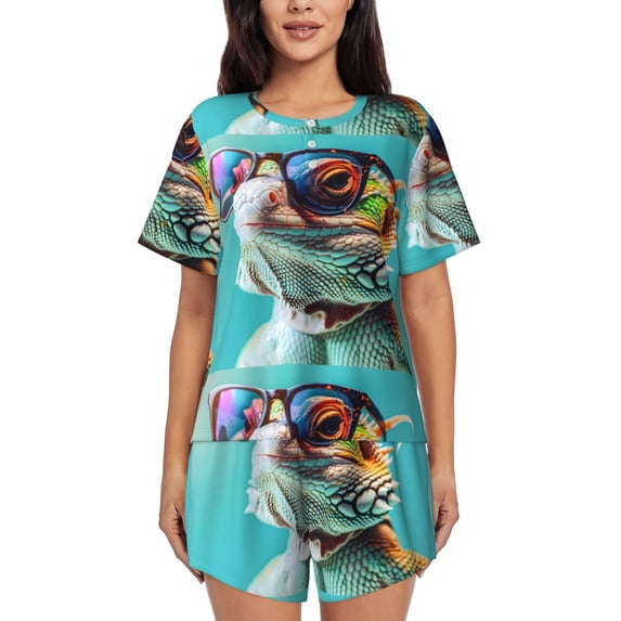 Lsque Stylish Sunglasses Iguana Women's Short-Sleeved Pajama Set - 2 Piece Soft and Lightweight Sleepwear Set-Medium