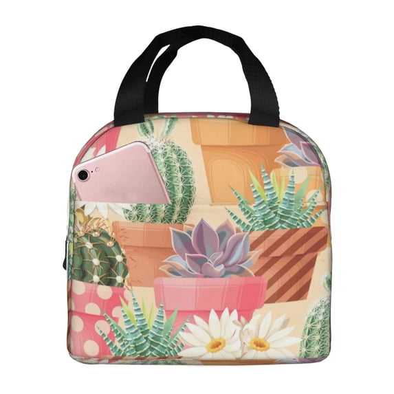Lsque Succulent And Cactus Pattern Lunch Bag Women/Men Insulated Lunch Box,Small Leakproof Cooler Food Lunch Containers Reusable High Capacity Lunch Tote Bags