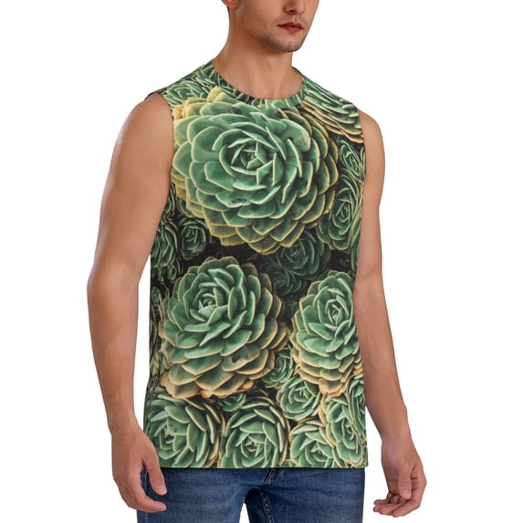 Lsque Succulents Print Men's Cotton Blend Sleeveless Muscle Shirts (S-3XL)- Moisture Wicking, Odor Protection, UPF 30+,X-Large