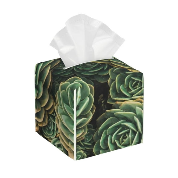 Lsque Succulents Printed Tissue Box Cover Holder, Facial Paper Organizer Dispenser,Square with Bottom Belt, PVC Leather Decorative Organizer