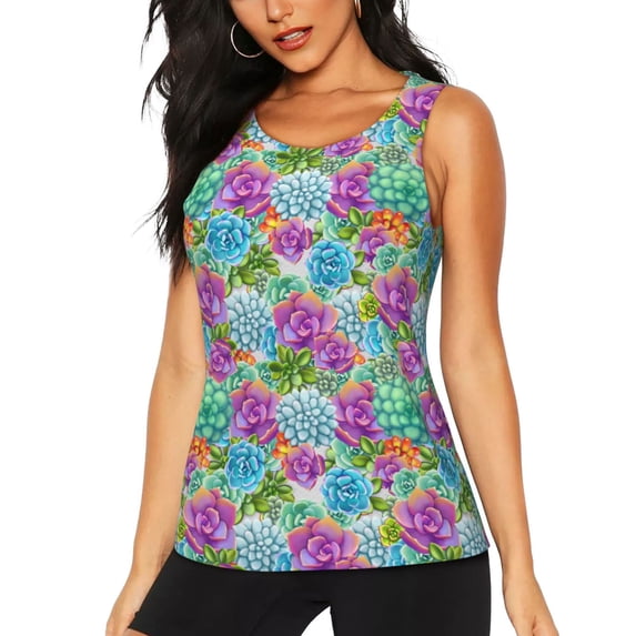 Lsque Succulents Printed Workout Tank Tops for Women, Athletic Sports Tank Tops, Compression Sleeveless Dry Fit Shirts,Sleeveless Yoga Shirt-Large