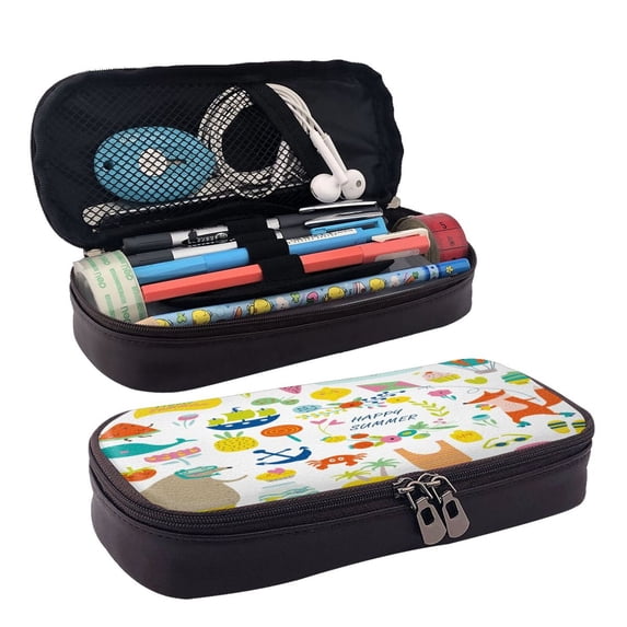 Lsque Summer Animal Printed Big Capacity PU Leather Pencil Case Large Pencil Pouch Stationery Pen Bag Pencil Holder for Teen