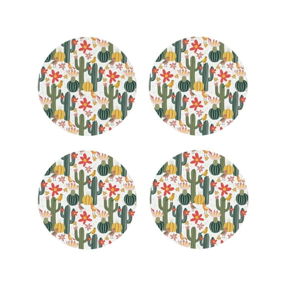 Lsque Summer Cactus With Blooming Pattern 4" Drink Coasters Set of 4, PVC Leather Absorbent Coasters, Table Coaster Set Decorative Coffee Cup Coasters Housewarming Gift -Round Shape