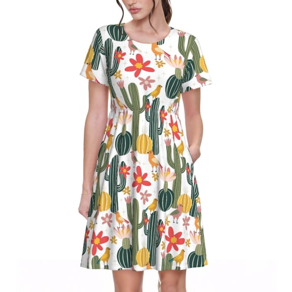 Lsque Summer Cactus With Blooming Print Women's Casual Dress T-Shirt Summer Short Sleeve Scoop Neck Swing Dresses