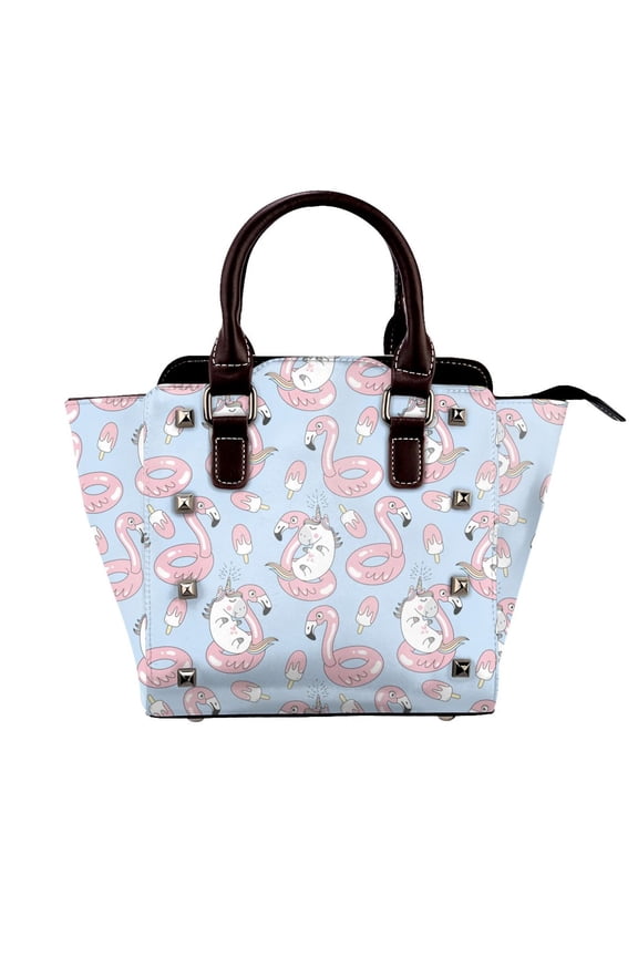 Summer Cute Unicorns Pattern Leather Rivet Shoulder Bag  Elegant Genuine Leather & Microfiber PU Crossbody with Detachable Adjustable Strap