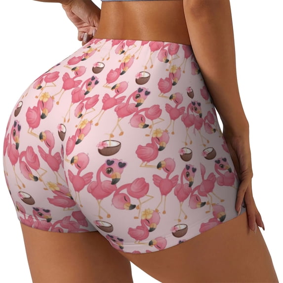 Lsque Summer Flamingo Pattern High Waisted Biker Shorts for Women-Tummy Control Fitness Athletic Workout Running Yoga Gym Shorts,Moisture-Wicking-Large