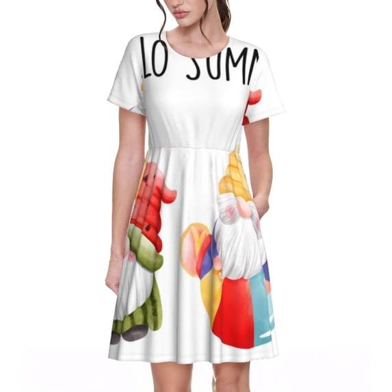 Lsque Summer Gnome Print Women's Casual Dress T-Shirt Summer Short Sleeve Scoop Neck Swing Dresses