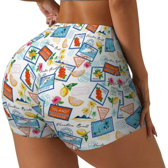 Lsque Summer Stamp Pattern High Waisted Biker Shorts for Women-Tummy Control Fitness Athletic Workout Running Yoga Gym Shorts,Moisture-Wicking-