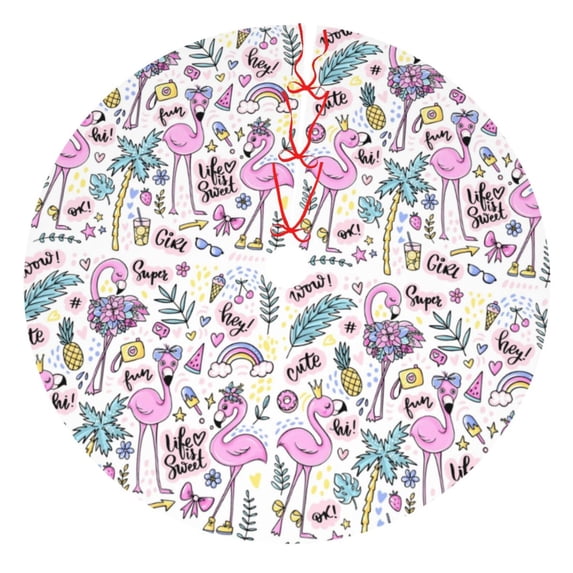 Lsque Summer with Flamingo Print Christmas Tree Skirt, Tree Skirt with Ties or Velcro, Perfect for Holiday Decorations, Halloween, and New Year-36"