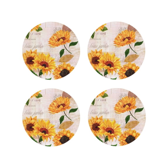 Lsque Sunflower 5 Pattern 4" Drink Coasters Set of 4, PVC Leather Absorbent Coasters, Table Coaster Set Decorative Coffee Cup Coasters Housewarming Gift -Round Shape