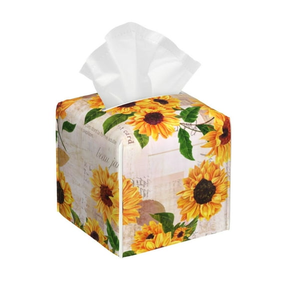 Lsque Sunflower 5 Printed Tissue Box Cover Holder, Facial Paper Organizer Dispenser,Square with Bottom Belt, PVC Leather Decorative Organizer