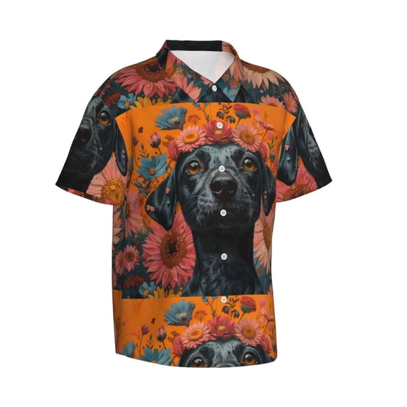 Lsque Sunflower Black Dog pattern Hawaiian Shirt for Men, Unisex Summer Beach Casual Short Sleeve Button Down Shirts-Medium