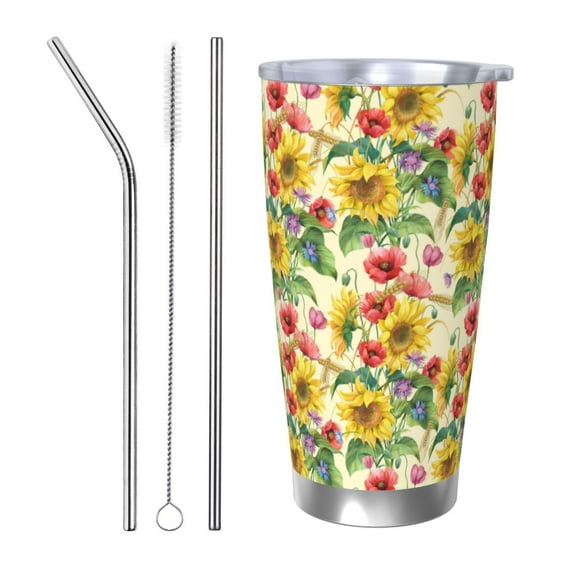 Lsque Sunflower Cornflower Poppy Pattern 20oz Car Cup with Lid and Straw, Insulated Coffee Cup with Straw Topper, Spill Proof Travel Coffee Mug, Stainless Steel Tumble-Straw Three-piece Set