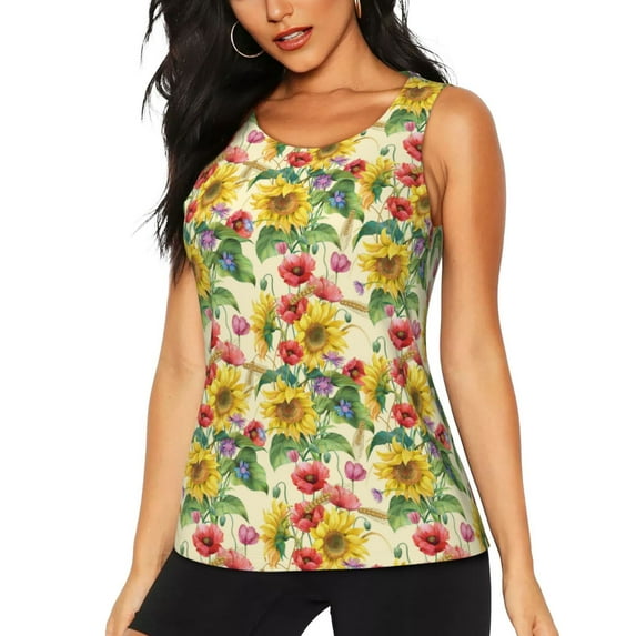 Lsque Sunflower Cornflower Poppy Printed Workout Tank Tops for Women, Athletic Sports Tank Tops, Compression Sleeveless Dry Fit Shirts,Sleeveless Yoga Shirt-Medium