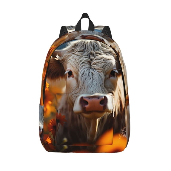 Lsque Sunflower Cow In Flower Field Pattern Canvas Daypack, Durable Backpack, High-quality Versatile Backpack,Vintage Compact Backpack-Small