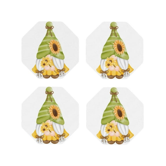 Lsque Sunflower Gnomes Pattern 4" Drink Coasters Set of 4, PVC Leather Absorbent Coasters, Table Coaster Set Decorative Coffee Cup Coasters Housewarming Gift -Octagon