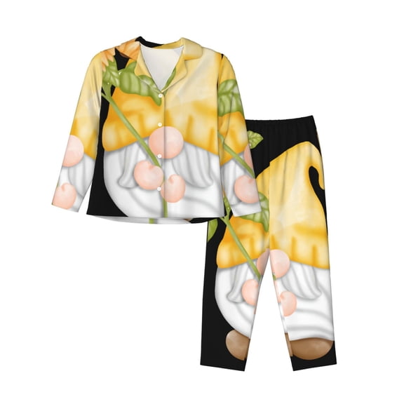 Lsque Sunflower Gnomes5 Pattern Long Sleeve Pajama Set for Women - Soft 2-Piece Sleepwear and Loungewear Set with Pockets, Comfy Nightwear-X-Large