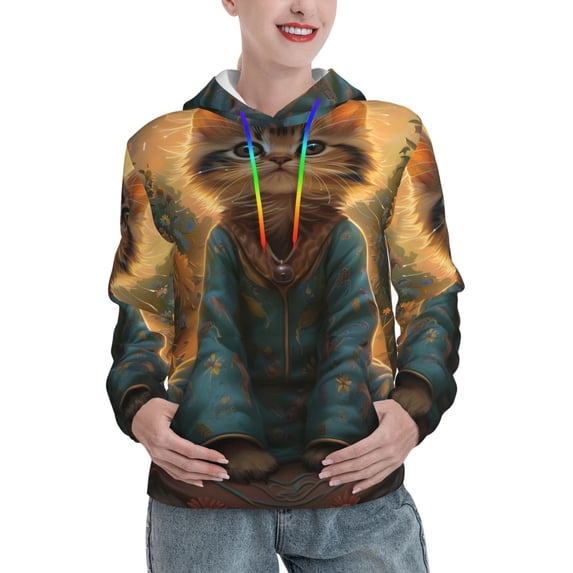 Lsque Sunflower Meditating Cat Pattern Casual Women's Hoodie,Hooded Sweatshirt with Kangaroo Pocket,Pullover Hoodie with Eye-catching Drawstrings-XX-Large
