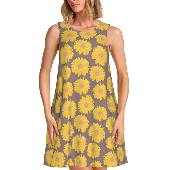 Lsque Sunflower Pattern Summer Dresses for Women – Sleeveless T-Shirt Swing Sundress, Perfect for the Beach and Casual Days