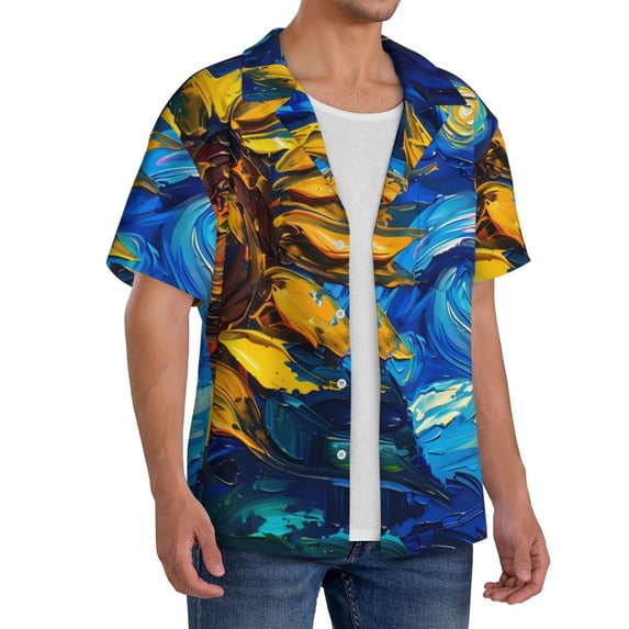 Lsque Sunflower Starry Night Vibes print Men's Cuban Collar Short Sleeve Shirt Summer Beachwear Casual Button Down Fashionable Vacation Leisure Shirt-Large