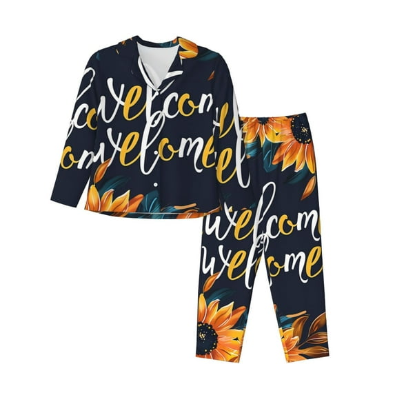 Lsque Sunflower Welcome A Pattern Long Sleeve Pajama Set for Women - Soft 2-Piece Sleepwear and Loungewear Set with Pockets, Comfy Nightwear-Small