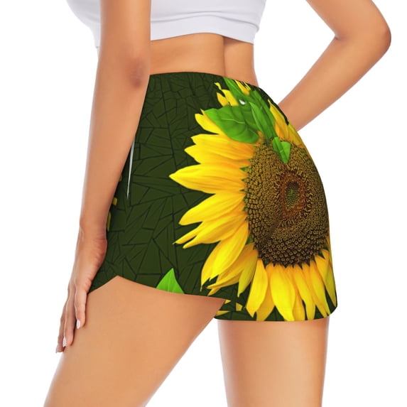 Lsque Sunflower3 Printed Women's Running Shorts with Liner Pockets,Elastic Quick Dry Workout Athletic Gym Yoga Shorts,Womens High Waist Shorts-Medium