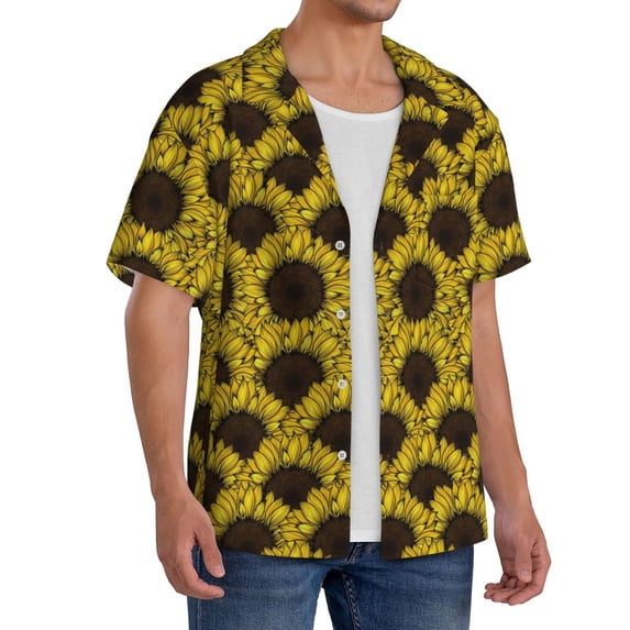 Lsque Sunflowers 3 print Men's Cuban Collar Short Sleeve Shirt Summer Beachwear Casual Button Down Fashionable Vacation Leisure Shirt-XX-Large