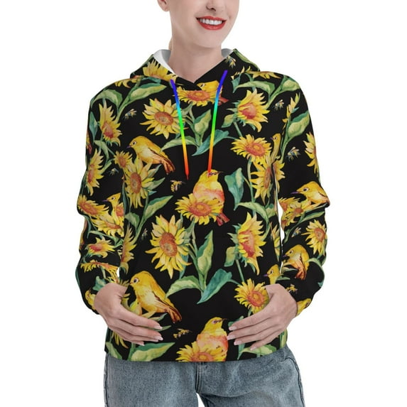 Lsque Sunflowers And Bird Pattern Casual Women's Hoodie,Hooded Sweatshirt with Kangaroo Pocket,Pullover Hoodie with Eye-catching Drawstrings-Medium