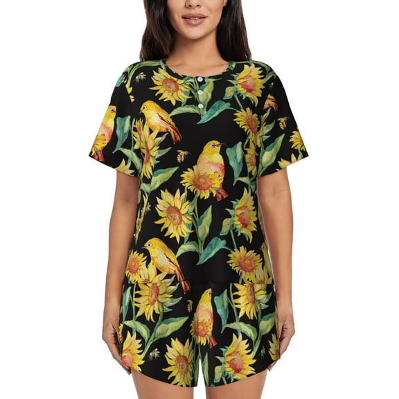 Lsque Sunflowers And Bird Women's Short-Sleeved Pajama Set - 2 Piece Soft and Lightweight Sleepwear Set-3X-Large