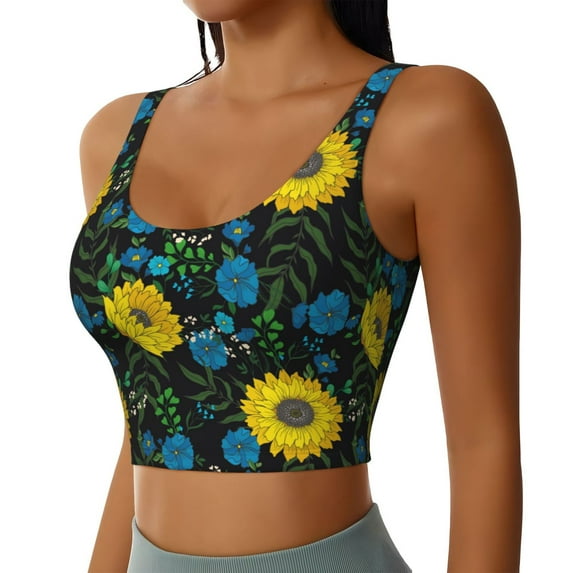 Lsque Sunflowers And Blue Flower Printed Women'S Sports Bra, Compression, Moisture Wicking, High-Impact Sports Bra For Women,Supportive sports bra-Small