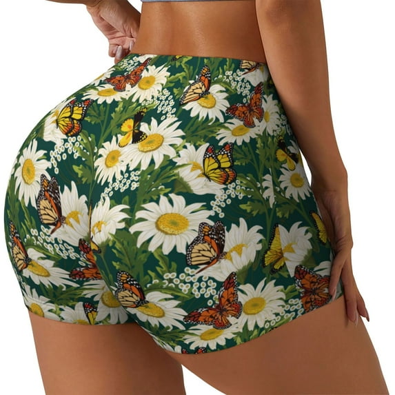 Lsque Sunflowers And Butterflies Pattern High Waisted Biker Shorts for Women-Tummy Control Fitness Athletic Workout Running Yoga Gym Shorts,Moisture-Wicking-X-Large