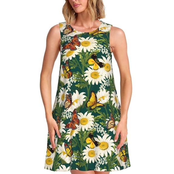 Lsque Sunflowers And Butterflies Pattern Summer Dresses for Women – Sleeveless T-Shirt Swing Sundress, Perfect for the Beach and Casual Days
