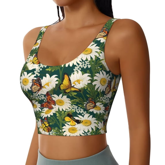Lsque Sunflowers And Butterflies Printed Women'S Sports Bra, Compression, Moisture Wicking, High-Impact Sports Bra For Women,Supportive sports bra-XX-Large