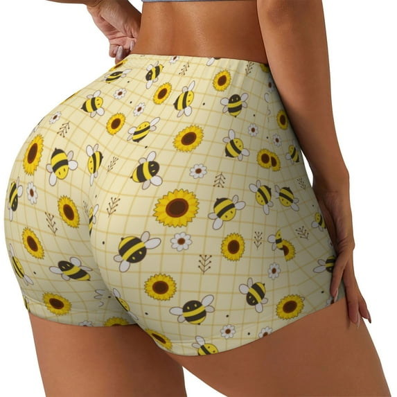 Lsque Sunflowers Bee Pattern High Waisted Biker Shorts for Women-Tummy Control Fitness Athletic Workout Running Yoga Gym Shorts,Moisture-Wicking-X-Large