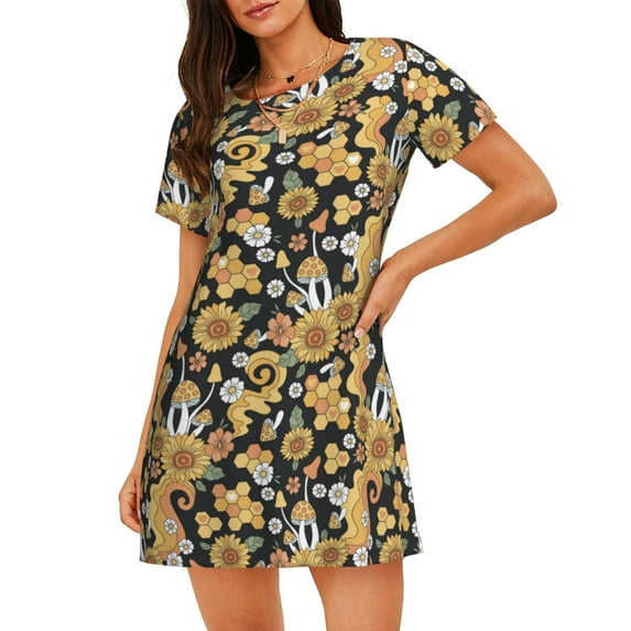 Lsque Sunflowers Bee Pattern Nightgowns for Women Sleep Shirts Short Sleeve Nightshirt Pullover Nightdress Soft Sleepwear Relaxed Fit Nightdress