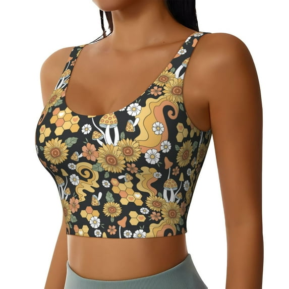 Lsque Sunflowers Bee Printed Women'S Sports Bra, Compression, Moisture Wicking, High-Impact Sports Bra For Women,Supportive sports bra-Large