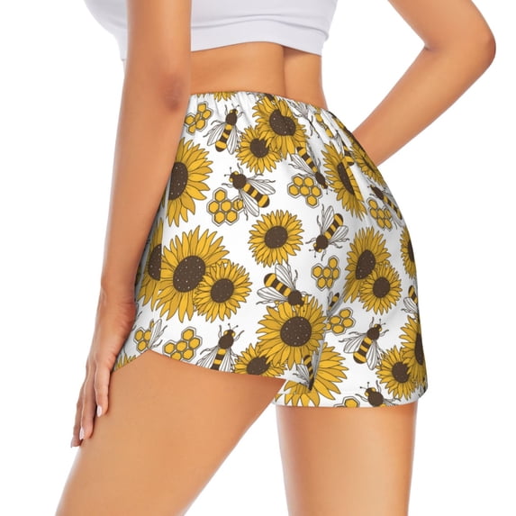 Lsque Sunflowers and Bees Printed Women's Running Shorts with Liner Pockets,Elastic Quick Dry Workout Athletic Gym Yoga Shorts,Womens High Waist Shorts-Small
