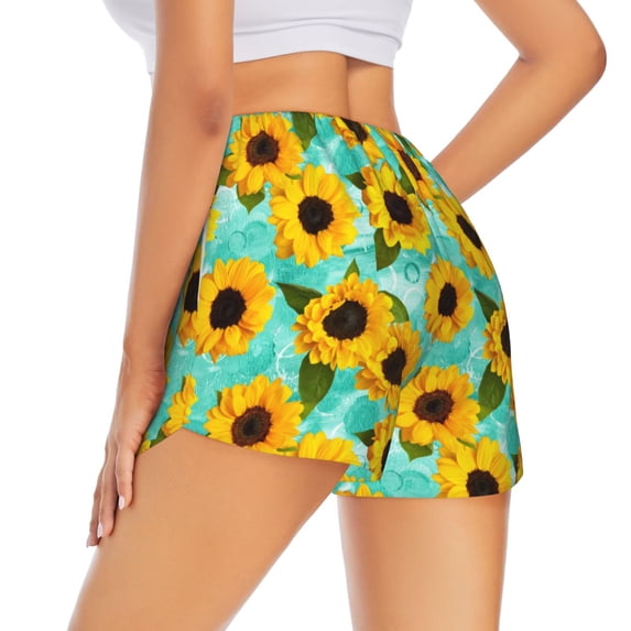 Lsque Sunflowers With Green Leaves Printed Women's Running Shorts with Liner Pockets,Elastic Quick Dry Workout Athletic Gym Yoga Shorts,Womens High Waist Shorts-XX-Large
