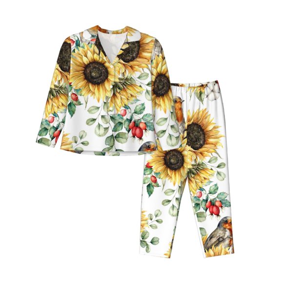 Lsque Sunflowers Leaves And Birds Pattern Long Sleeve Pajama Set for Women - Soft 2-Piece Sleepwear and Loungewear Set with Pockets, Comfy Nightwear-XX-Large