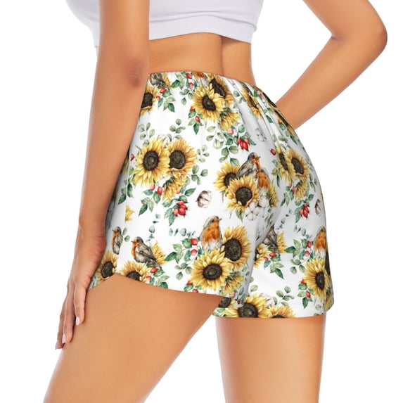 Lsque Sunflowers Leaves And Birds Printed Women's Running Shorts with Liner Pockets,Elastic Quick Dry Workout Athletic Gym Yoga Shorts,Womens High Waist Shorts-Large
